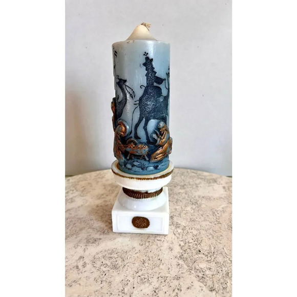 Vintage Blue Gold Christmas Nativity Scene Candle w/ Holder Unburned Handcrafted - Picture 1 of 12